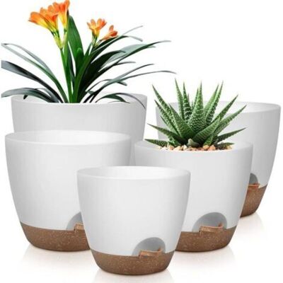 MCBOSON 5-Piece Plastic Flower Pots, 18/16.5/15.2/14/12.7cm, Self-Watering Plastic Flower/Plant Pots with Saucer, Suitable for Gardens MCBOSON 5-Piece Plastic Flower Pots, 18/16.5/15.2/14/12.7cm, Self-Watering Plastic Flower/Plant Pots with Saucer, Suitable for Gardens