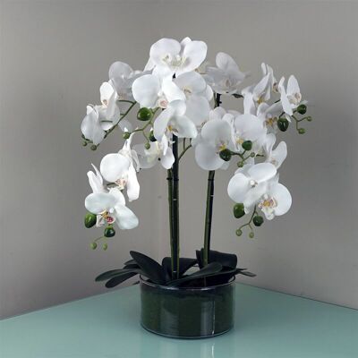 Leaf Artificial Orchid 50cm White Glass Planter Leaf Artificial Orchid 50cm White Glass Planter