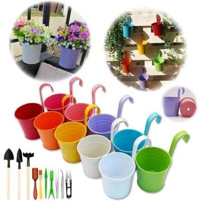 MCBOSON Ineasicer Set of 10 Metal Hanging Flower Pots with Drainage Hole Detachable Hook Assortment (17x10x8 cm with Garden Tools) MCBOSON Ineasicer Set of 10 Metal Hanging Flower Pots with Drainage Hole Detachable Hook Assortment (17x10x8 cm with Garden Tools)