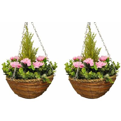 Selections - Set of 2 x Artificial Azalea Topiary Hanging Baskets (25cm) Selections - Set of 2 x Artificial Azalea Topiary Hanging Baskets (25cm)