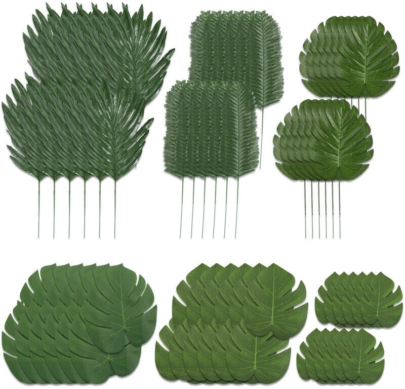 Relaxdays - Artificial Tropical Leaves Set of 72, Fake Monstera, Fern & Palm, Party Decoration Jungle & Safari, Green