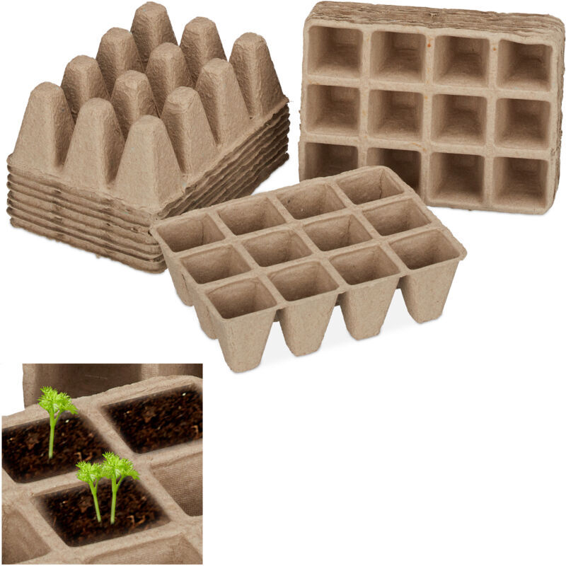 Relaxdays 2040x Growing Pots in a Set, Biodegradable, Growing Containers for Plants, Square, Cellulose, H: 5cm, Beige