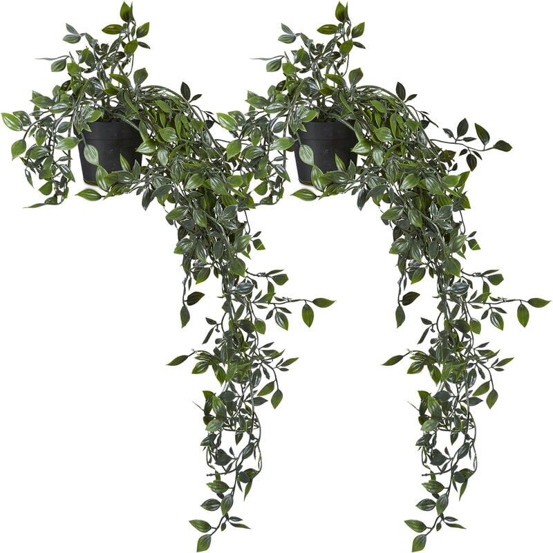 Relaxdays - Hanging Plant Artificial, Set of 2, Fake Flowers, Plastic Ivy Plants, Decoration, HxD: 60 x 20 cm, Green/Black
