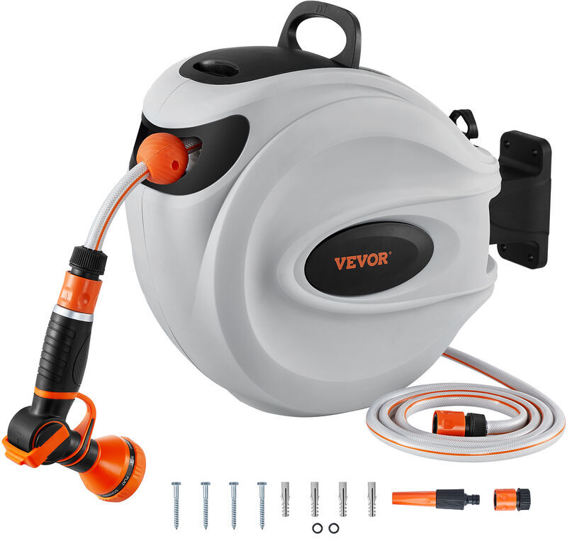 Vevor - Retractable Hose Reel, 82 ft x 1/2 inch, 180° Swivel Bracket Wall-Mounted, Garden Water Hose Reel with 9-Pattern Nozzle and 3 Fast Adaptors,