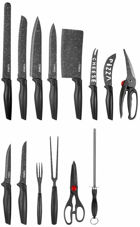 Tower T81521B Essentials 24 Piece Kitchen Knife Set, Stone-Coated Stainless Steel Blades, Black