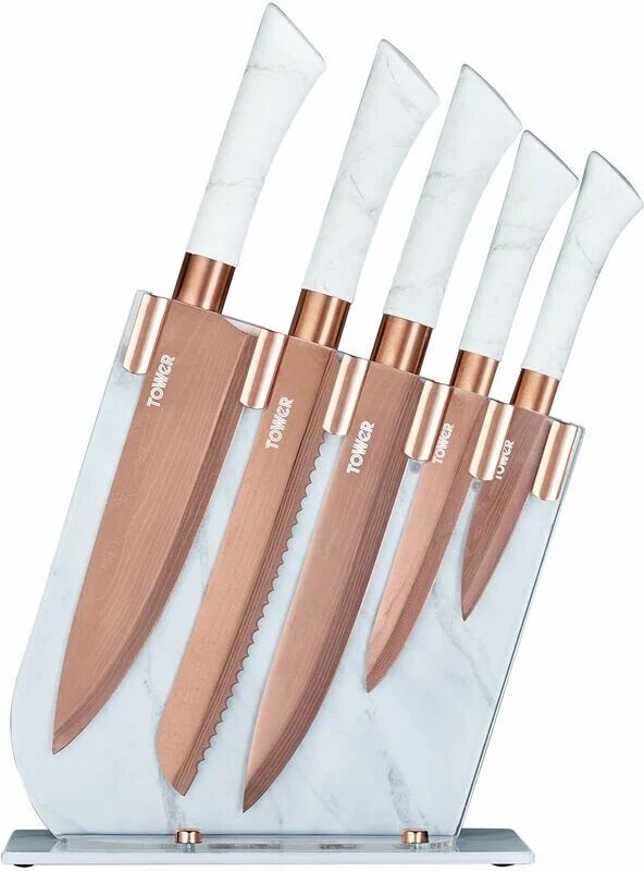 T81534WR Kitchen Knife Set with Acrylic Knife Block, Stainless Steel with Soft Touch Handles, White Marble and Rose Gold, 5 Piece - Tower