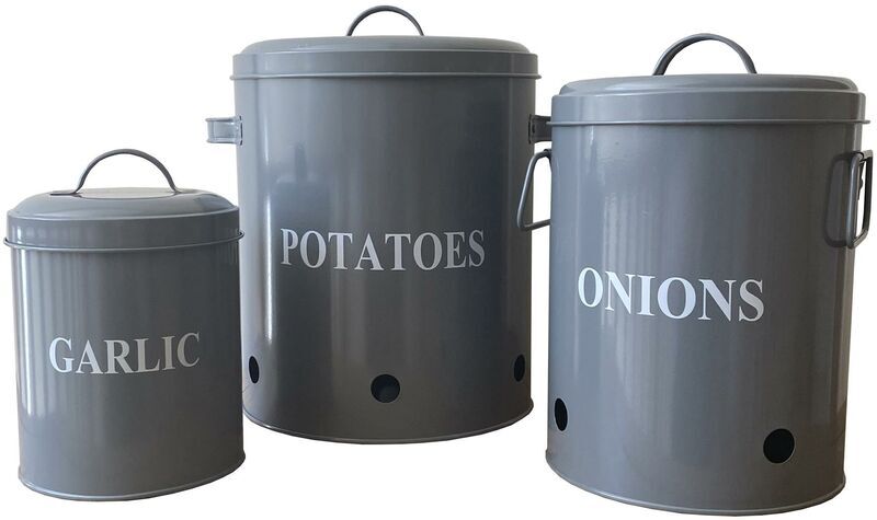 SELECTIONS Set of 3 French Grey Kitchen Storage Tins for Potatoes, Onions and Garlic