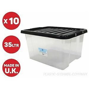 VISS 10 x 35 litre plastic storage box with black lid heavy strong box - useful box