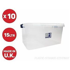 VISS 10x 15 litre plastic storage box toys shoes -clear box with clips - pack of 10