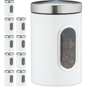 Set of 10 Storage Canisters, Lid, Window, 1.4 l, for Coffee, Kitchen Pantry Container, Jar, Metal, White - Relaxdays