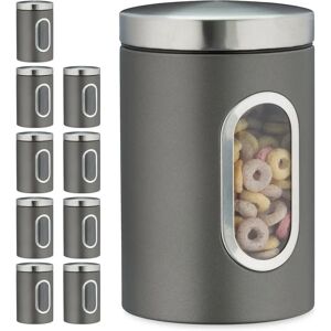 Set of 10 Storage Canisters, Lid, Window, 1.4 l, for Coffee, Kitchen Pantry Container, Jar, Metal, Grey - Relaxdays