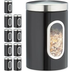 Set of 10 Storage Canisters, Lid, Window, 1.4 l, for Coffee, Kitchen Pantry Container, Jar, Metal, Black - Relaxdays