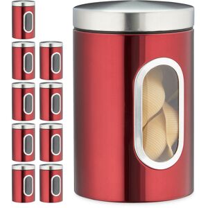 Set of 10 Storage Canisters, Lid, Window, 1.4 l, for Coffee, Kitchen Pantry Container, Jar, Metal, Red - Relaxdays