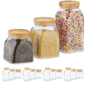 Set of 15 Storage Jars, 600, 1000, 1400 ml, for Pasta, Rice & Cereal, Bamboo Lid, Transparent/Natural - Relaxdays