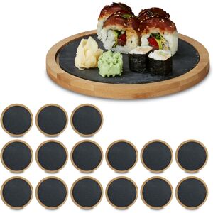 Set of 16 Chopping Board, Bamboo, Slate, Small, Serving Tray, Rustic, hwd: 1.3 x 19.3 x 19.3 cm, Natural/Black - Relaxdays