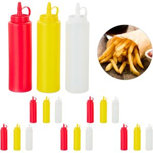 Squeeze Bottle, Sauce Dispenser, Refillable, Plastic, Set of 18, Home & Gastronomy, 400 ml, Red/Yellow/White - Relaxdays