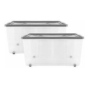 VISS 2 x 125 Litre Underbed Box Large Plastic Container Wheel Clear Box With Grey Lid