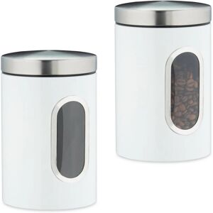 Set of 2 Storage Canisters, Lid, Window, 1.4 l, for Coffee, Kitchen Pantry Container, Jar, Metal, White - Relaxdays