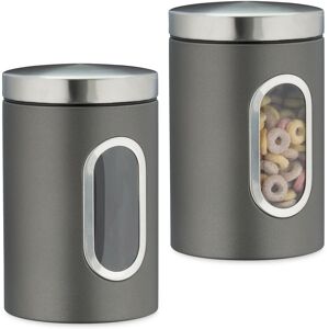 Set of 2 Storage Canisters, Lid, Window, 1.4 l, for Coffee, Kitchen Pantry Container, Jar, Metal, Grey - Relaxdays