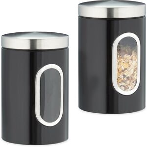 Set of 2 Storage Canisters, Lid, Window, 1.4 l, for Coffee, Kitchen Pantry Container, Jar, Metal, Black - Relaxdays