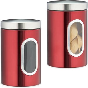 Set of 2 Storage Canisters, Lid, Window, 1.4 l, for Coffee, Kitchen Pantry Container, Jar, Metal, Red - Relaxdays