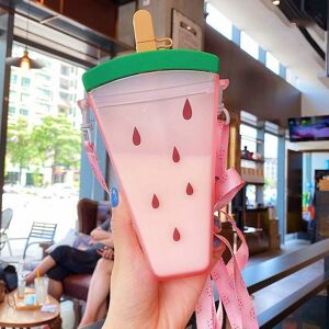 320ml Plastic Water Bottles,Cute Watermelon Ice Cream Water Bottle with Straw, Anti-Fall Portable Popsicle Shape Water Cup for Girls,Pink-DENUOTOP