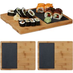 Set of 3 Bamboo Cutting Board, Slate Insert, Handle, Serving Tray, Rustic, hwd: 2 x 30.6 x 25 cm, Brown/Black - Relaxdays