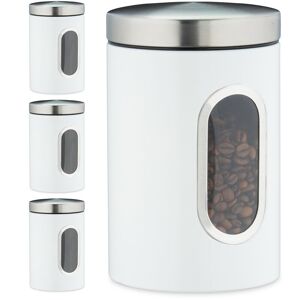 Set of 4 Storage Canisters, Lid, Window, 1.4 l, for Coffee, Kitchen Pantry Container, Jar, Metal, White - Relaxdays