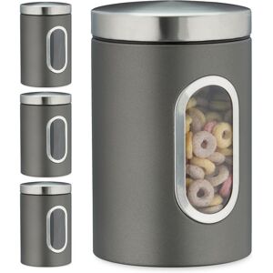 Set of 4 Storage Canisters, Lid, Window, 1.4 l, for Coffee, Kitchen Pantry Container, Jar, Metal, Grey - Relaxdays