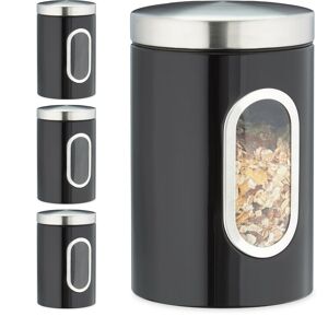 Set of 4 Storage Canisters, Lid, Window, 1.4 l, for Coffee, Kitchen Pantry Container, Jar, Metal, Black - Relaxdays