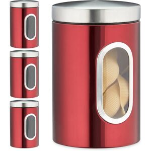 Set of 4 Storage Canisters, Lid, Window, 1.4 l, for Coffee, Kitchen Pantry Container, Jar, Metal, Red - Relaxdays