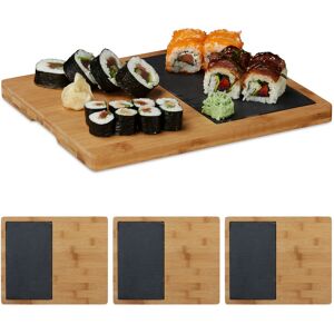 Set of 4 Bamboo Cutting Board, Slate Insert, Handle, Serving Tray, Rustic, hwd: 2 x 30.6 x 25 cm, Brown/Black - Relaxdays