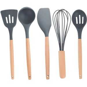 PESCE 5 Pieces Wooden Handle Silicone Cookware - Colander Spatula+ Spoon+Scraper+Whisk+Strainer Spoon