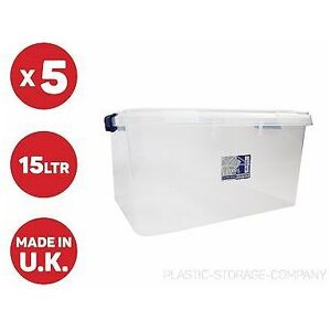 VISS 5 x 15 litre plastic storage box toys shoes - black box with clips - pack of 5