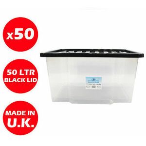 VISS 50 x 50LITRE plastic storage box quality container with black lid stackable