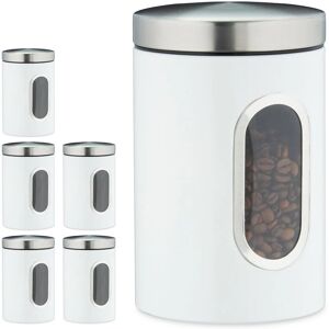 Set of 6 Storage Canisters, Lid, Window, 1.4 l, for Coffee, Kitchen Pantry Container, Jar, Metal, White - Relaxdays