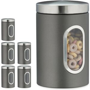 Set of 6 Storage Canisters, Lid, Window, 1.4 l, for Coffee, Kitchen Pantry Container, Jar, Metal, Grey - Relaxdays