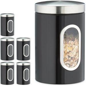 Set of 6 Storage Canisters, Lid, Window, 1.4 l, for Coffee, Kitchen Pantry Container, Jar, Metal, Black - Relaxdays