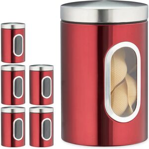 Set of 6 Storage Canisters, Lid, Window, 1.4 l, for Coffee, Kitchen Pantry Container, Jar, Metal, Red - Relaxdays