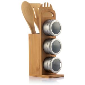ASAB 7pcs Magnetic Bamboo Spice Pot Herb Tin Jar Storage Container Holder Cook Stand - Brown