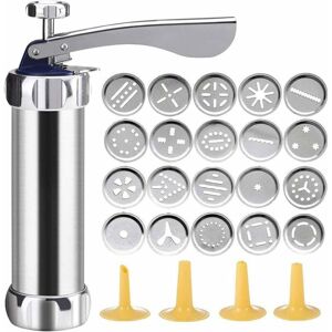 Héloise - Cookie Press Aluminum Cookie Press Set, Pastry Press with 20 Attachments and 4 Piping Attachments for Thin Dough, Stainless Steel, Silver