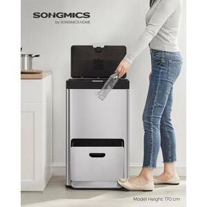 Songmics - Kitchen Bin, 2 x 17L and 26L Volumes, 3-Compartment Bin for General Waste, Food Waste, and Recycling, Carbon Filter, Wide Pedal by Silver