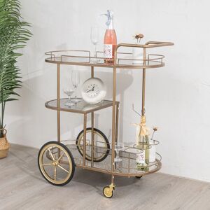 MELODY MAISON Large Gold Antique Glass Oval Drinks Trolley With Wheels - Gold