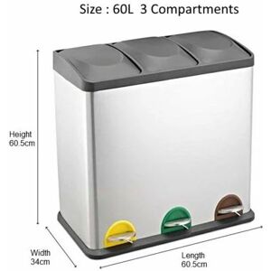 Evre Recycling Bin with Lids for Kitchen / 60 Litre Capacity / 3 Compartments Waste Separation/Colour Coded (60L)