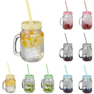 10x Drinking Jars, 500ml each, Dishwasher Safe, incl. Lids & Straws in 5 Colours, Vintage Glasses, Transparent - Relaxdays