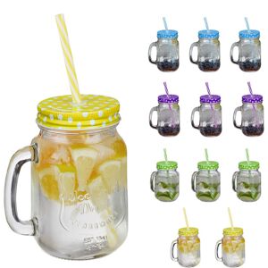 12x Drinking Jars, 500ml each, Dishwasher Safe, Dotted Lids & Straws, 4 Colours, Vintage Glasses, Transparent - Relaxdays