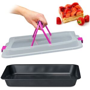 Baking Tray with Lid, Cake Carrier, Kitchen Storage Container with Handles, WxD: 40.5 x 32.5 cm, Black/Pink - Relaxdays