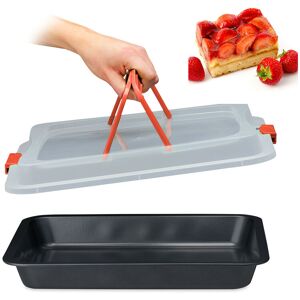 Baking Tray with Lid, Cake Carrier, Kitchen Storage Container with Handles, WxD: 40.5 x 32.5 cm, Black/Red - Relaxdays