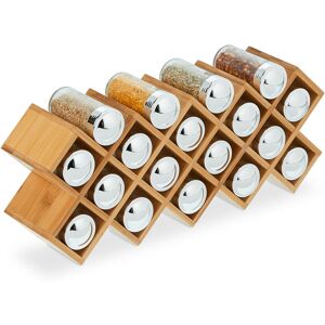 Bamboo spice rack, with 18 glass jars, freestanding, 10.5x42x19 cm(LxWxH), seasoning organiser, natural colour - Relaxdays