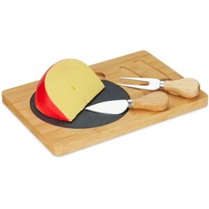 Cheese board with cheese knife set, bamboo cheese board with slate & cheese cutlery, w x d: 25 x 17 cm, natural/black - Relaxdays